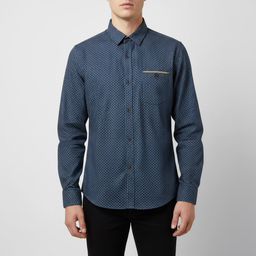 Craft + Flow Youth Boys 14/16 L Navy Tan Micro Dot Button Down Shirt